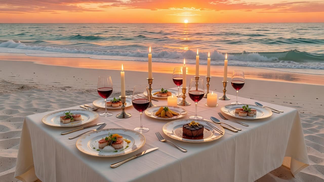 A formal dining table arranged on a sandy beach at sunset with ocean waves in the background.