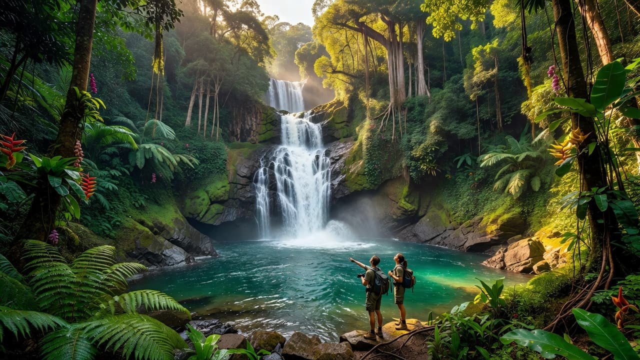 A tropical waterfall cascades into a clear pool surrounded by lush green foliage.