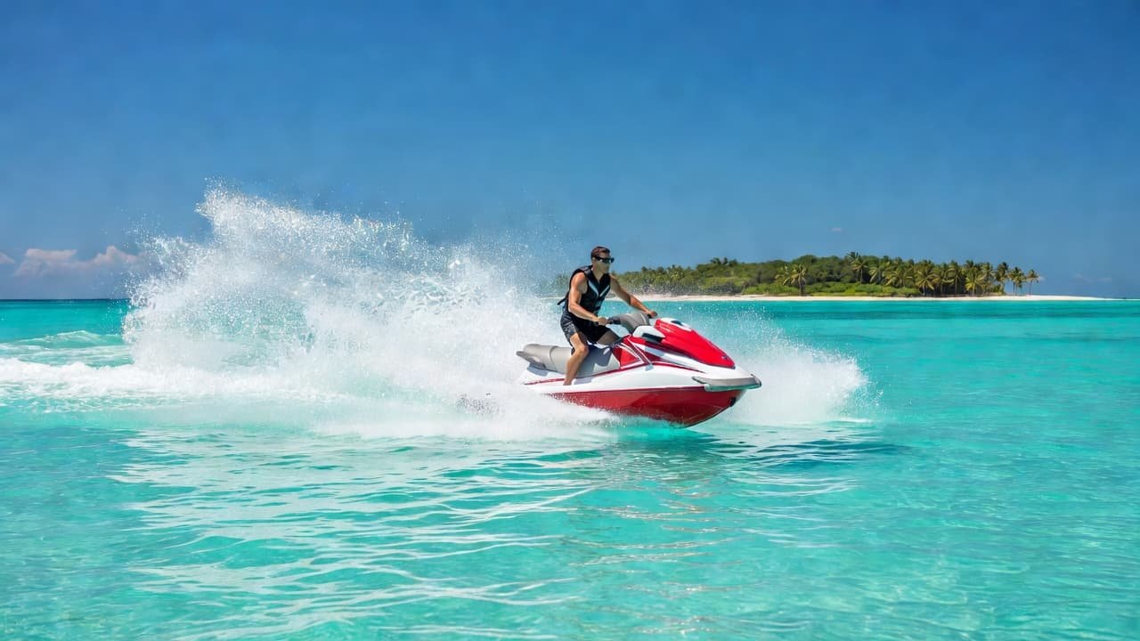 A person riding a jet ski through clear turquoise ocean water with a tropical island in the distance.