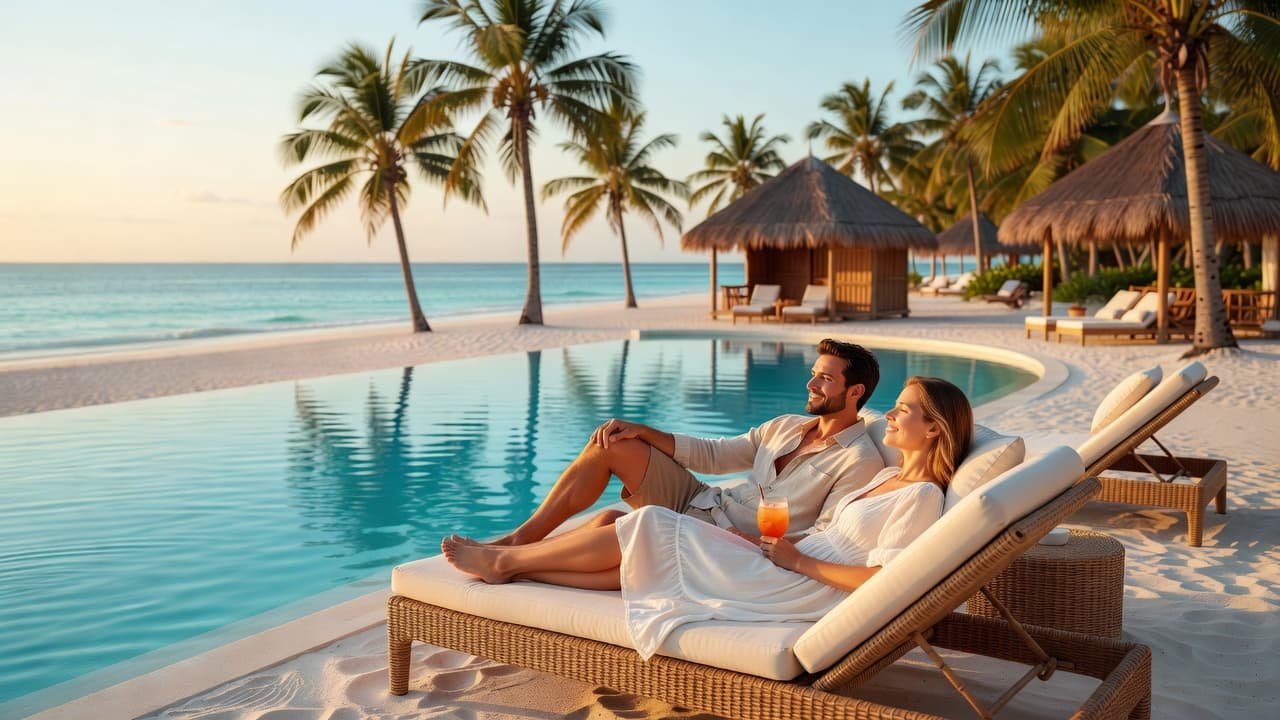A couple relaxing on chairs by a tropical infinity pool at a sunny beach resort.
