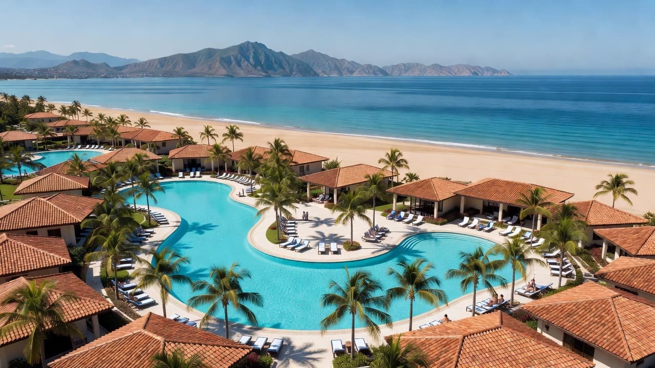 An aerial view of a resort featuring curved pools, terracotta roofs, and a sunny sandy beach.