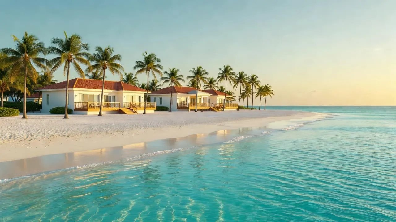 A luxury resort with palm trees and turquoise water along the Curacao coastline.