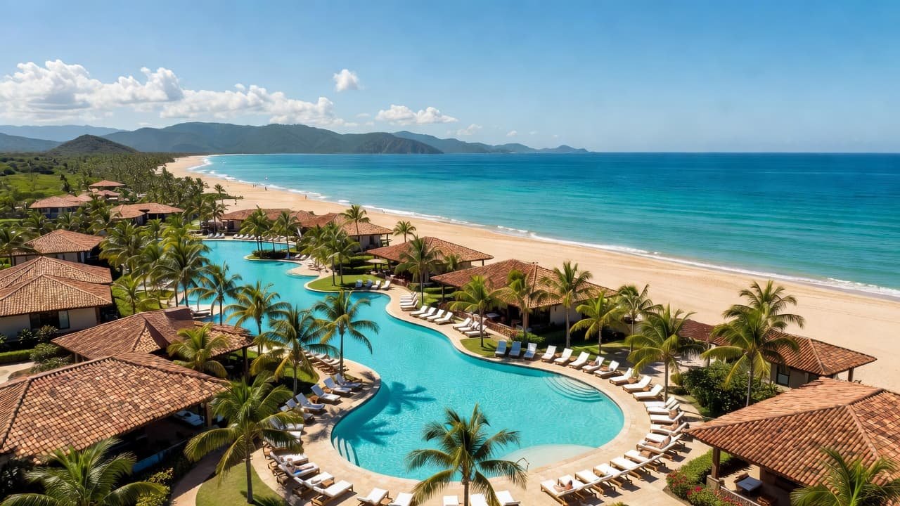 An aerial perspective captures terracotta roofed villas nestled between curving turquoise pools and lush palms. A pristine golden beach meets the vibrant sea, framed by distant mountains under a clear sky.