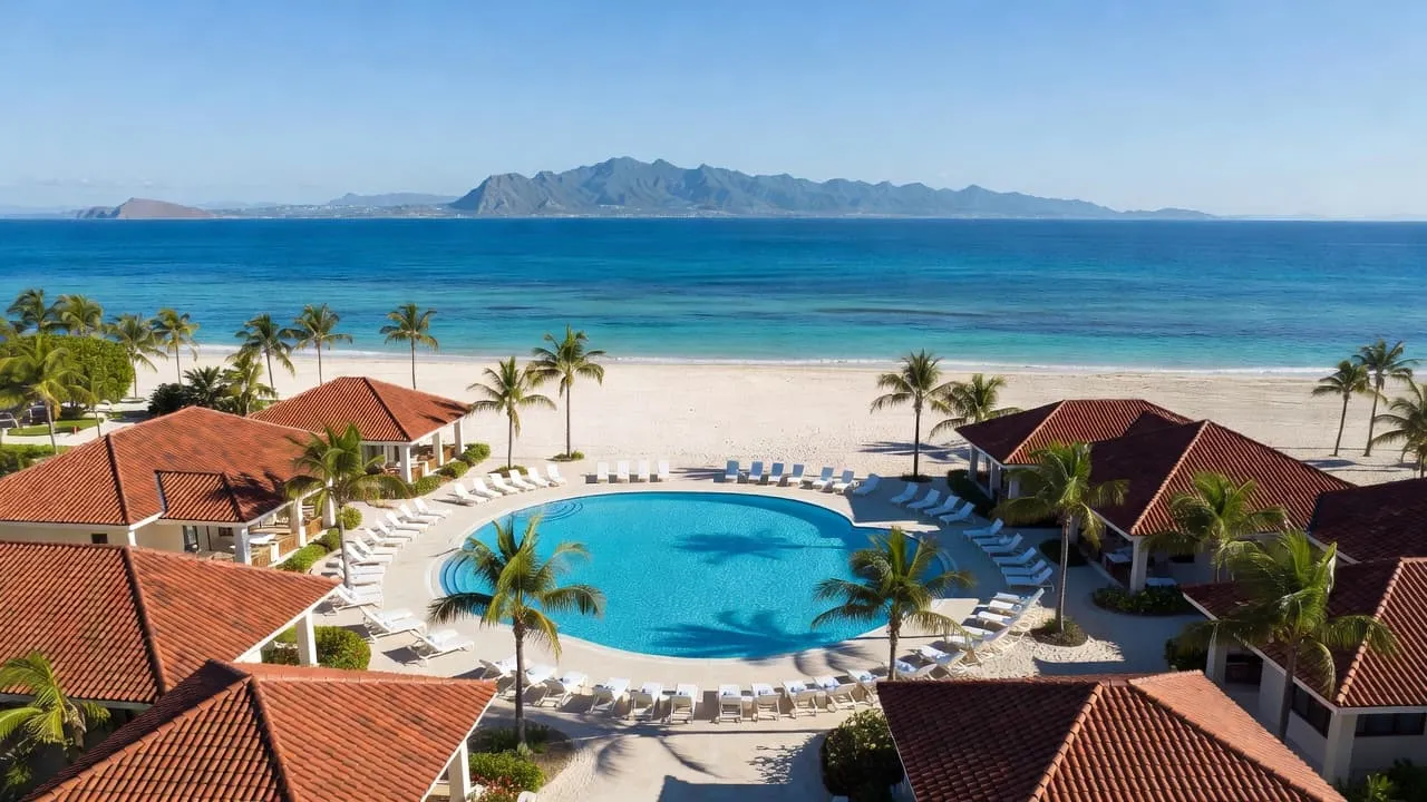 Aerial view of a luxury tropical resort pool surrounded by palm trees and white sand.