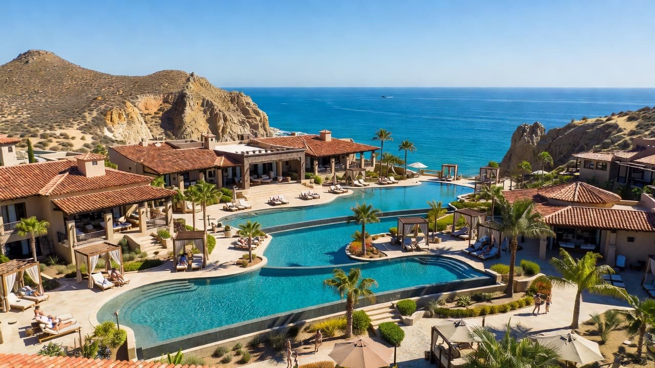An aerial view of a sprawling luxury resort with pools nestled between desert hills and the ocean.