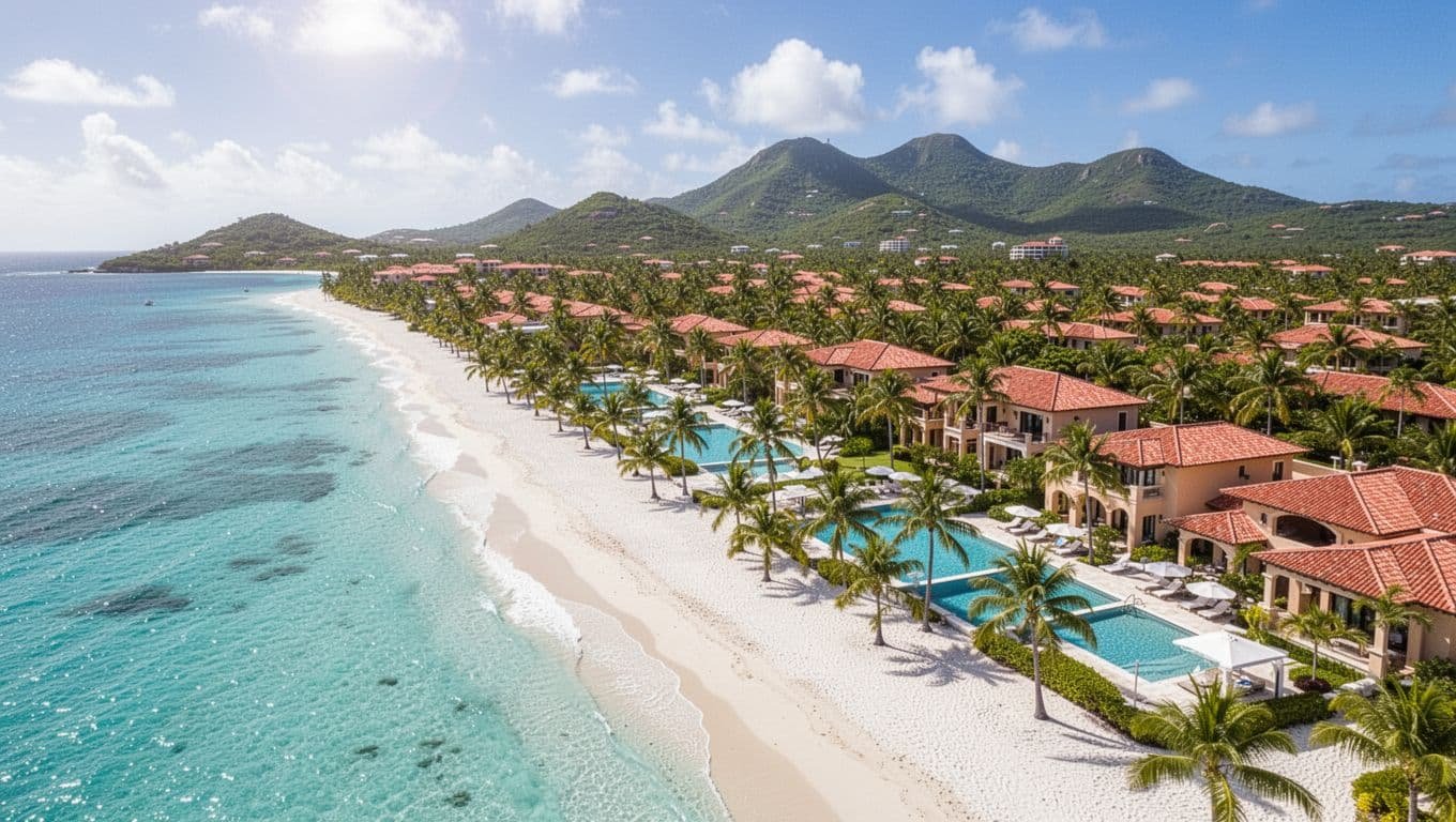 An aerial view captures a sprawling tropical resort featuring terracotta roofs nestled among lush palm trees. Multiple sparkling swimming pools connect to a pristine white sandy beach bordering vibrant turquoise Caribbean waters.