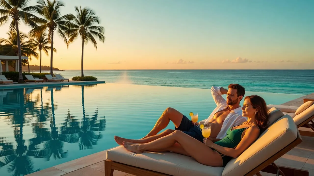 Couple relaxing by an infinity pool overlooking the Caribbean ocean at sunset during an all-inclusive resort vacation
