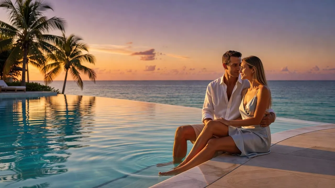 A couple relaxing in a luxury resort infinity pool overlooking the sea at sunset.