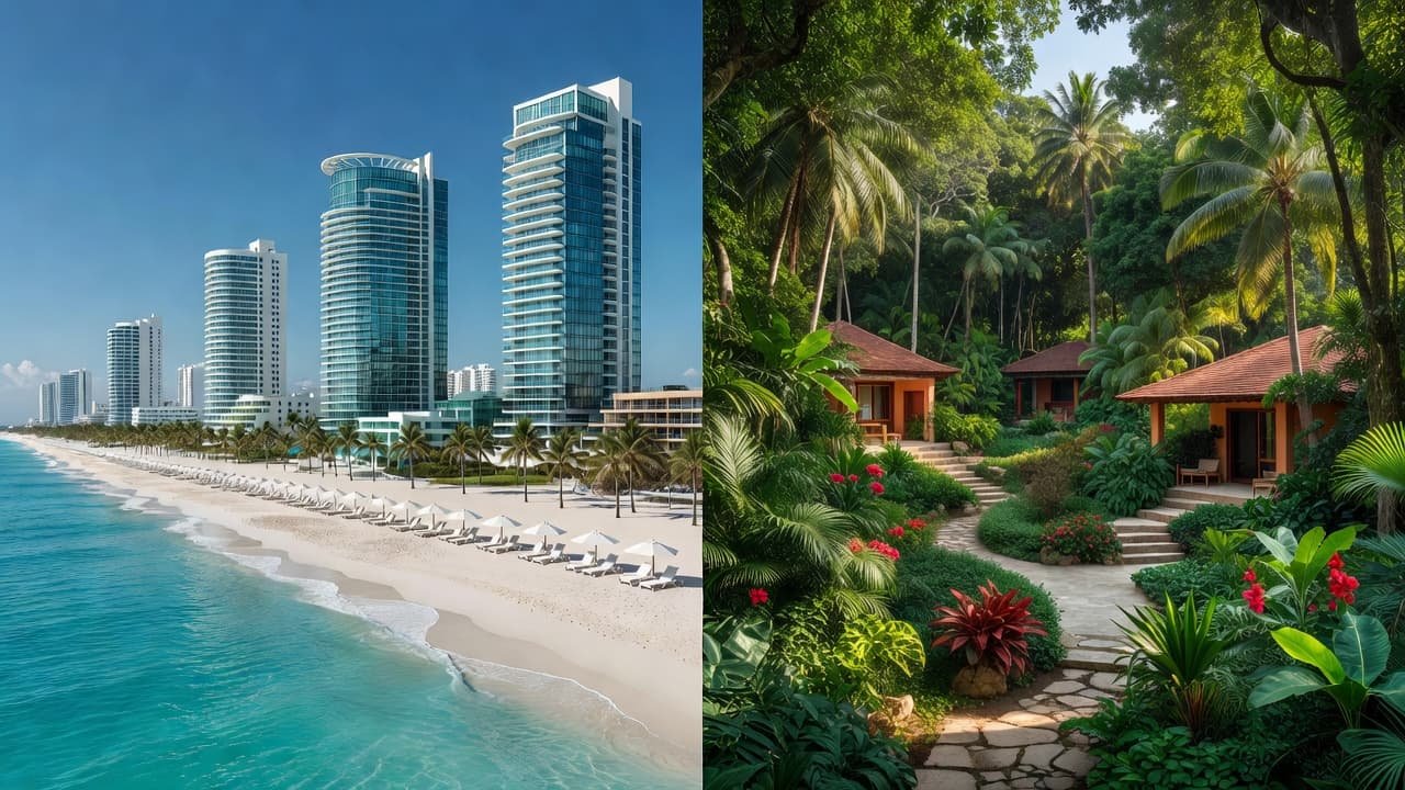 A split screen comparing a modern high-rise beach hotel to a quiet jungle resort.