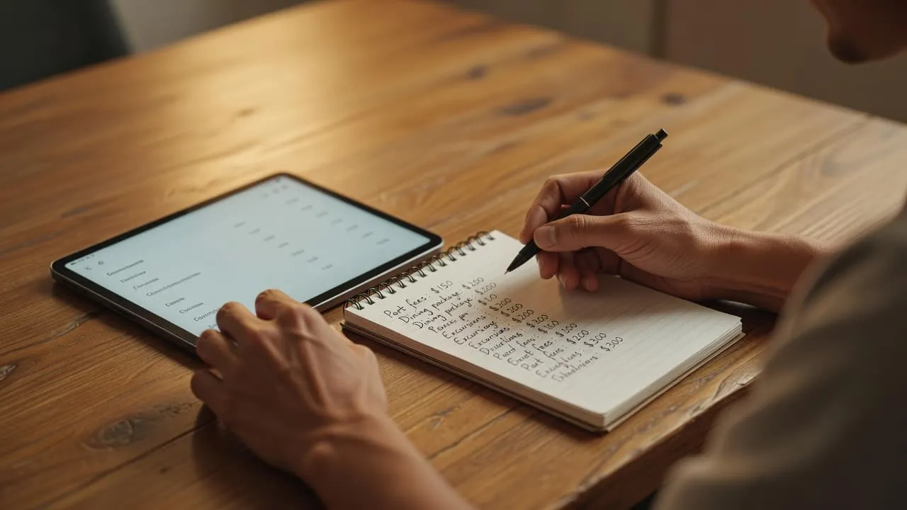 A person sits at a smooth wooden table focused on calculating trip costs using a tablet screen and a handwritten notepad.