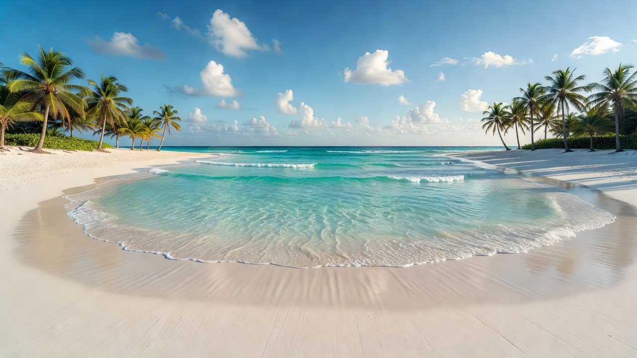 Crystal clear turquoise water gently laps against the bright white sand of an Aruba beach. Tall palm trees frame the shoreline under a vibrant blue sky with soft, scattered white clouds.
