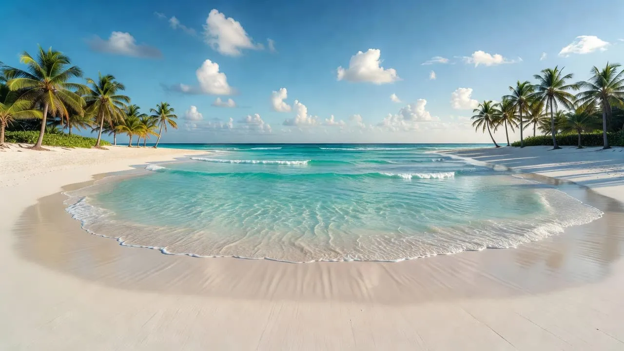 Crystal clear turquoise water gently laps against the bright white sand of an Aruba beach. Tall palm trees frame the shoreline under a vibrant blue sky with soft, scattered white clouds.