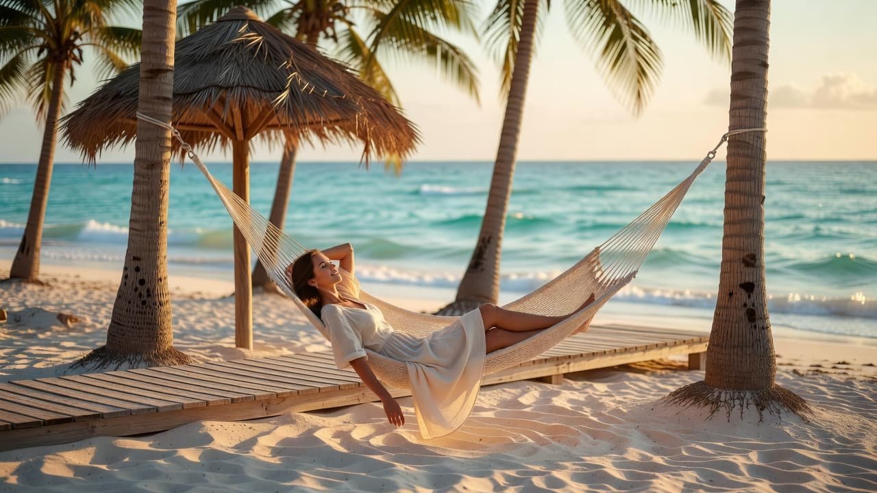 A woman rests in a hammock strung between two palm trees on a white sand beach. The turquoise ocean meets a wooden boardwalk near a straw umbrella during golden hour.