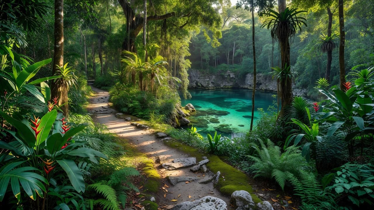 A narrow dirt path leads through a lush green jungle to a hidden blue cenote.