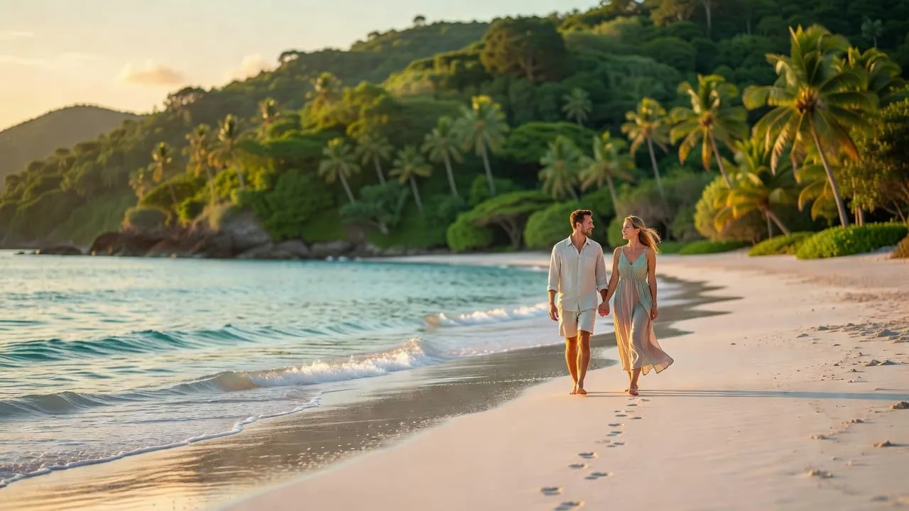 A couple walking hand in hand along a white sand beach with turquoise water.
