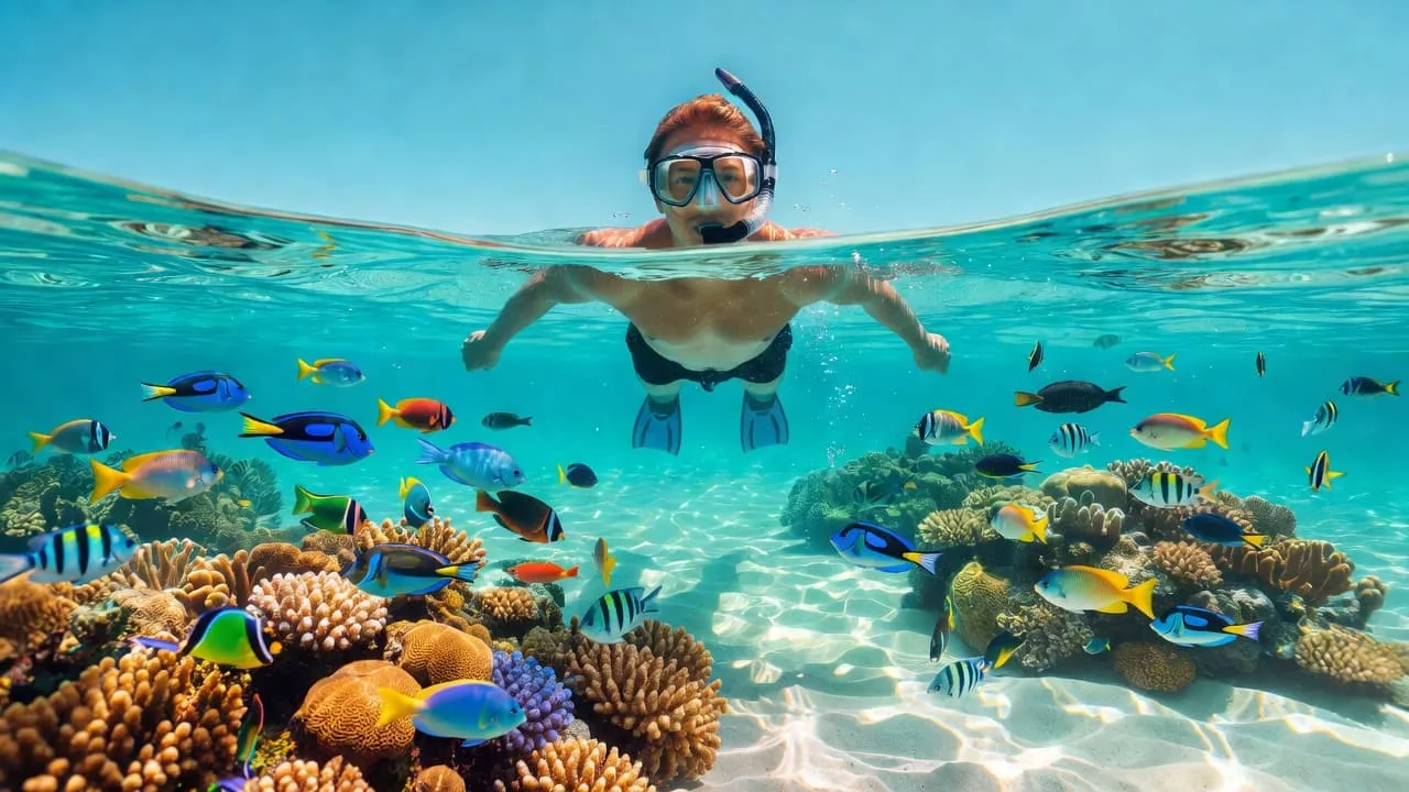 A split-level perspective shows a person snorkeling through turquoise Caribbean waters above a vibrant coral reef. Bright tropical fish dart between limestone formations while sun rays dance across the sandy seafloor.