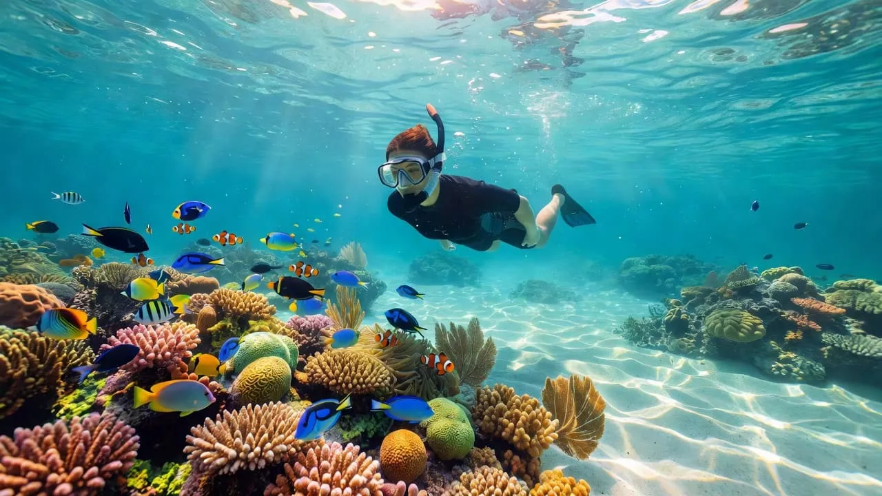 A person floats in transparent turquoise water above a colorful coral reef teeming with exotic tropical fish. Bright sunlight filters through the ocean surface, casting dancing patterns across the sandy seafloor.
