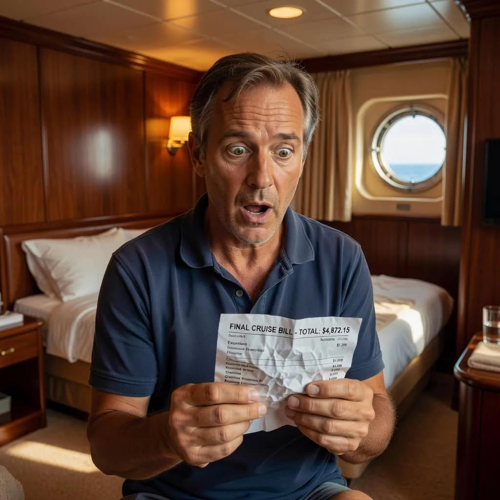 A traveler in a cruise cabin holds a paper invoice while wearing an expression of disbelief at the hidden charges.