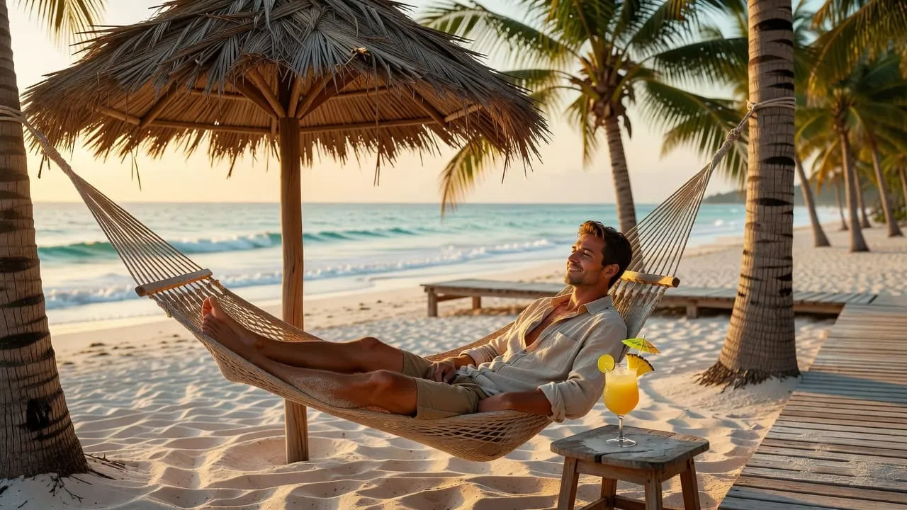 A person rests in a hammock strung between two lush palm trees on a white sandy beach. A tropical cocktail sits on a small wooden table near the gentle turquoise shoreline.