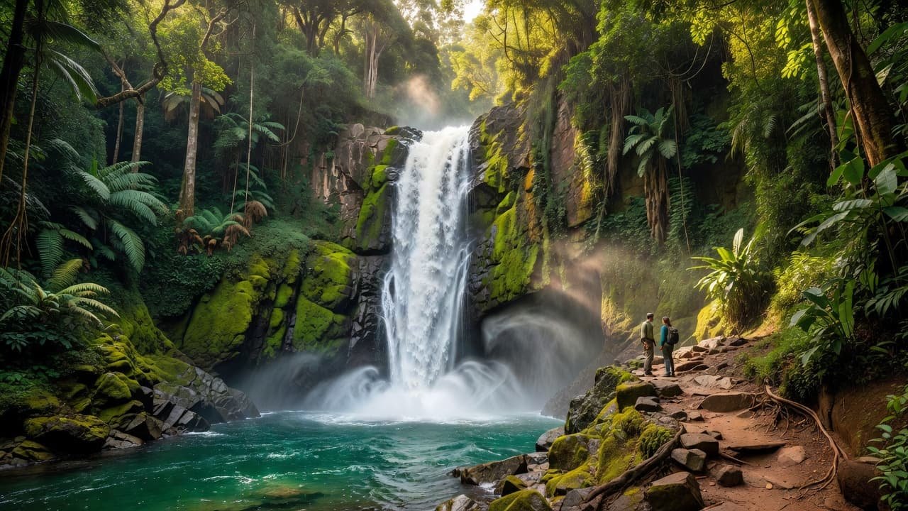 A powerful waterfall flows down a mossy cliffside into a vibrant turquoise pool. Lush emerald rainforest surrounds the base, where a small hiking path winds through the dense jungle foliage.