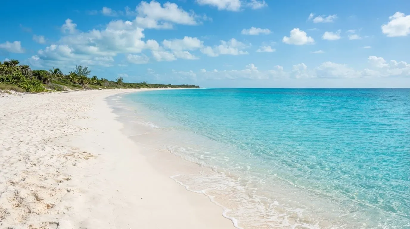 Pristine white sand beach meeting bright turquoise water under a sunny sky in Turks and Caicos.