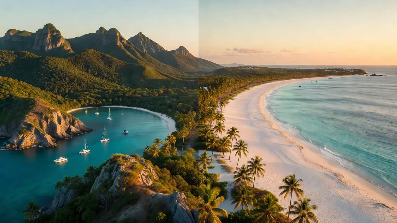 Lush tropical islands and turquoise water during golden hour in the US Virgin Islands.