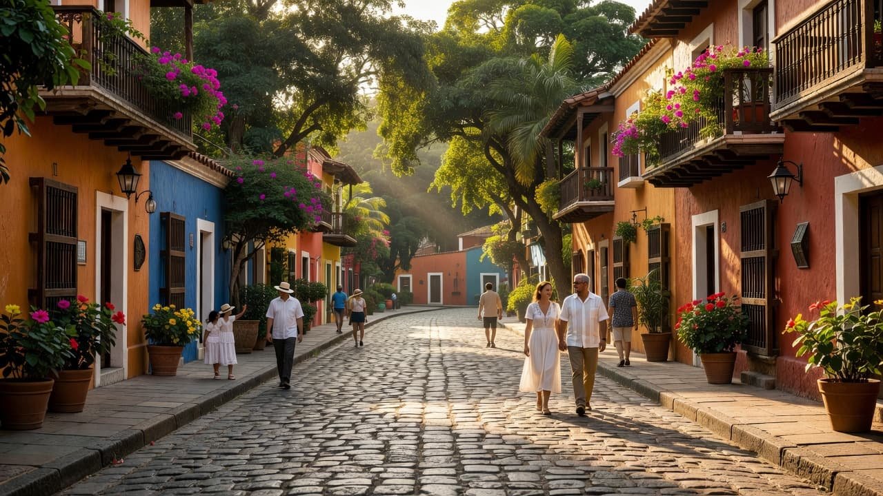 People walking on a sunlit cobblestone street lined with colorful colonial buildings and flowers in Mexico.
