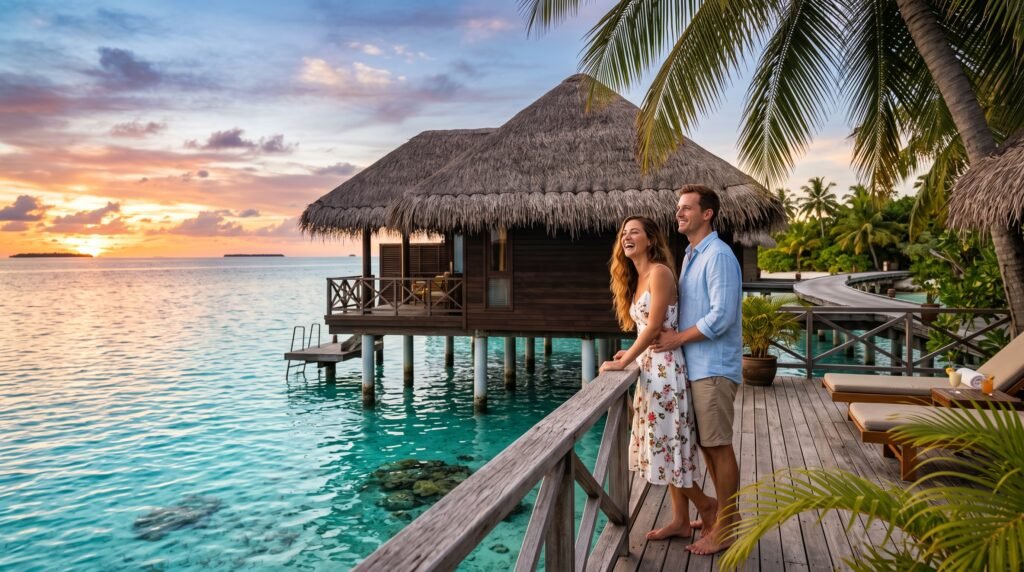 A happy couple standing on the wooden deck of an overwater bungalow, smiling and watching a sunset over tropical turquoise waters.