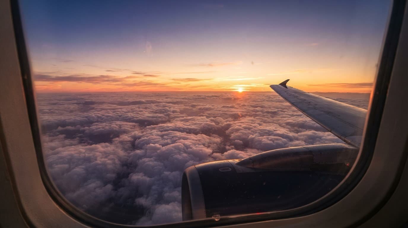 An airplane wing overlooks soft clouds beneath a pink and golden sunset.