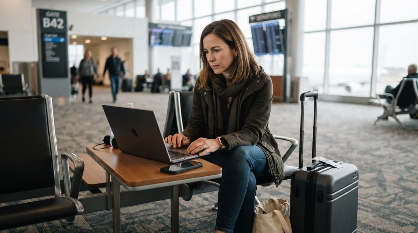 Traveler reviews fare details on a laptop beside a phone and carry-on suitcase at an airport gate.
