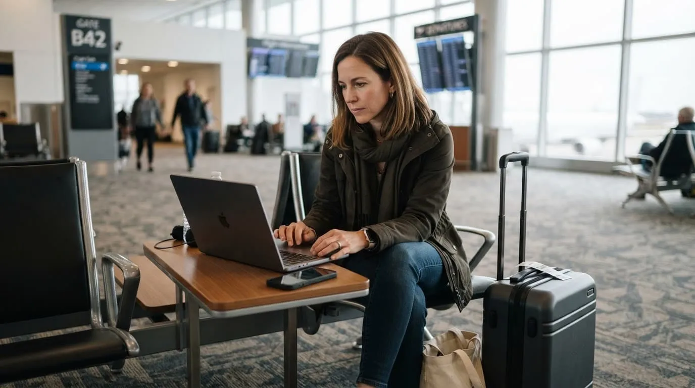 Traveler reviews fare details on a laptop beside a phone and carry-on suitcase at an airport gate.