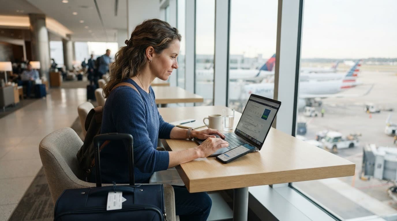 Traveler comparing flight prices on a laptop and phone at an airport lounge table.