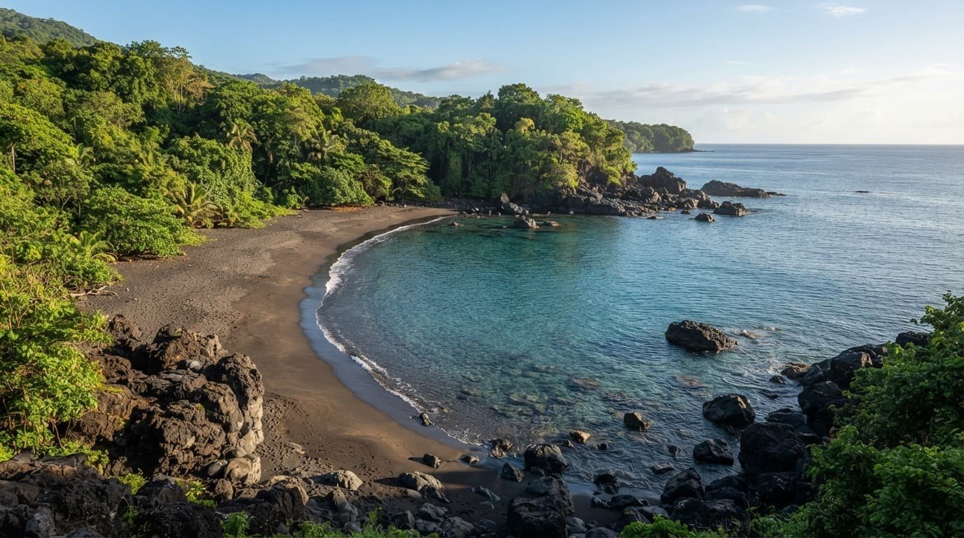 A quiet volcanic cove with turquoise water and lush green hills, capturing the secluded beach vibe of Nevis.