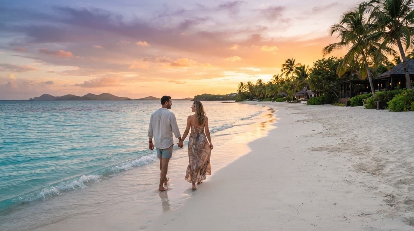 Couple walking hand in hand along a white sand beach at sunset in Antigua.
