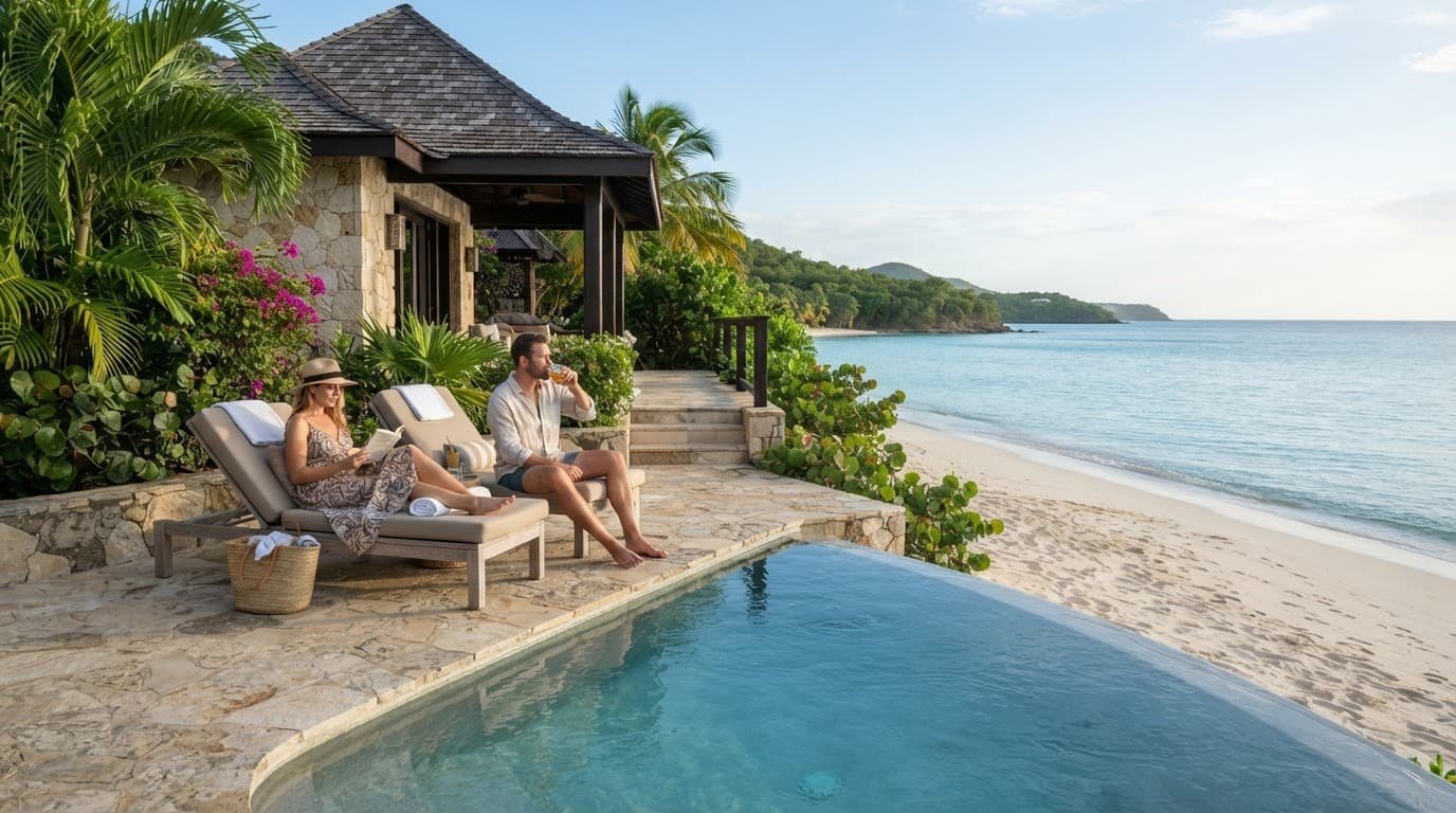 A couple relaxes beside a private pool overlooking a white sand beach in Antigua.