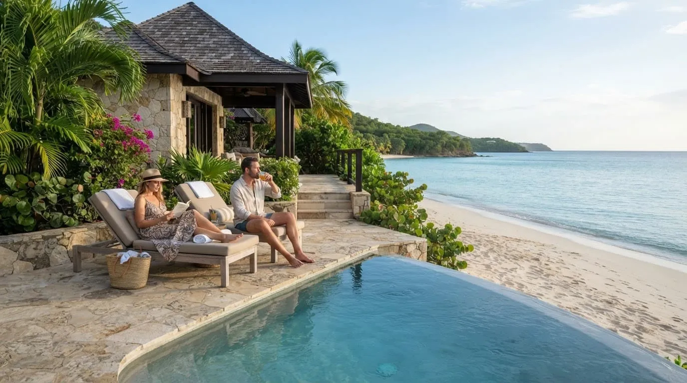 A couple relaxes beside a private pool overlooking a white sand beach in Antigua.