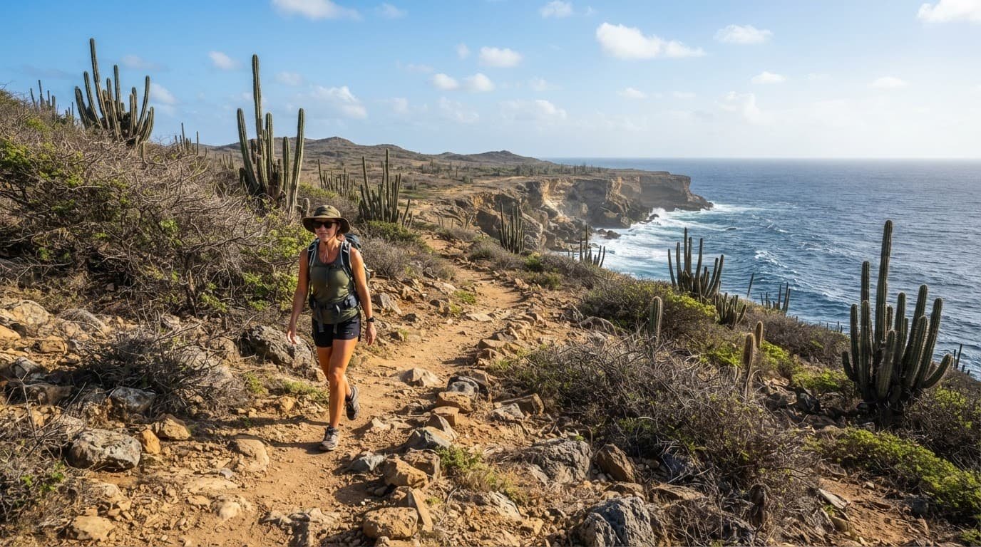A lone hiker follows a rocky trail past cacti above Aruba's blue coast.