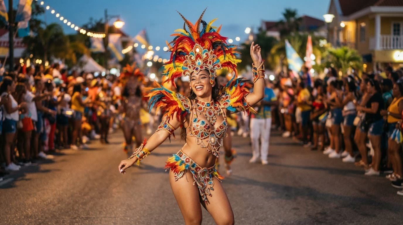 A feathered Carnival dancer performs before a blurred crowd at dusk.