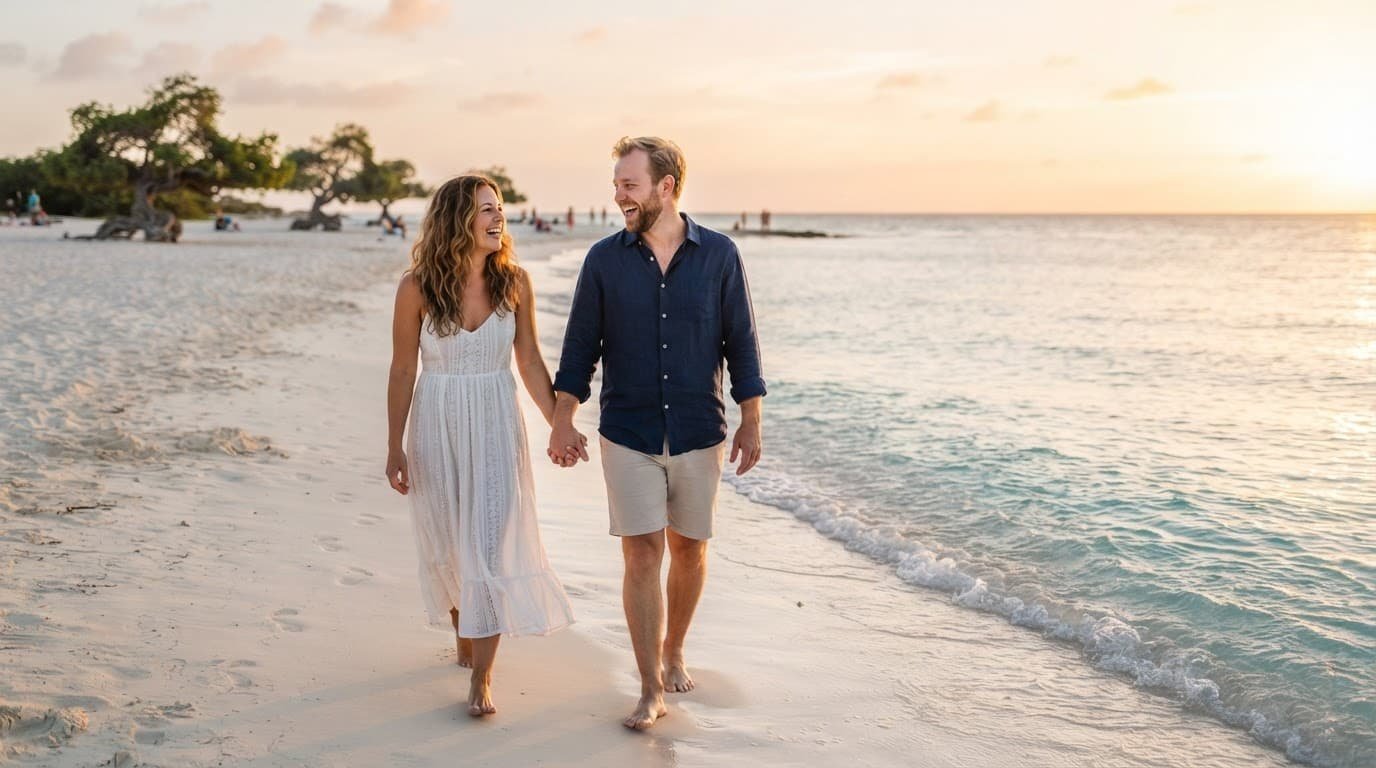 A couple walks hand in hand along an Aruba beach at sunset.