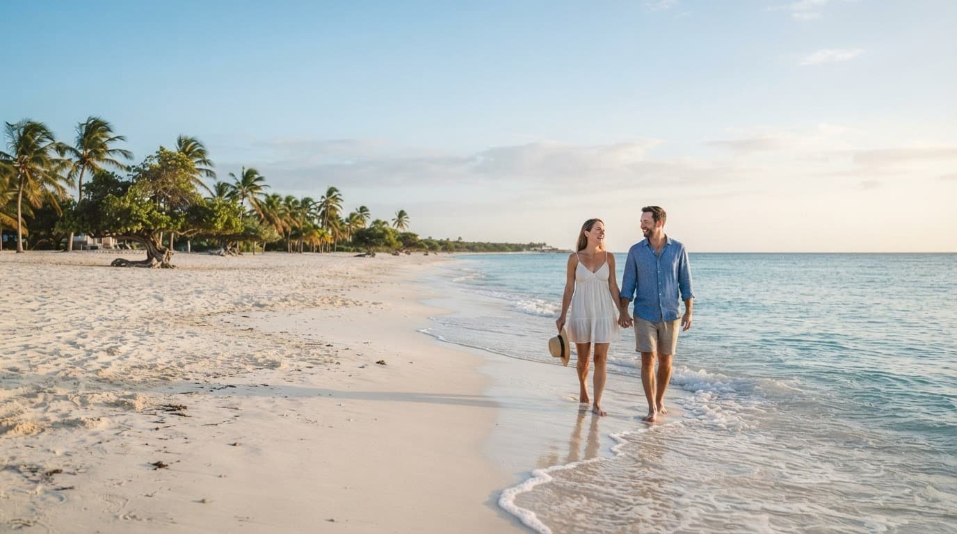 A couple walks barefoot beside turquoise water on a sunny Aruba beach.