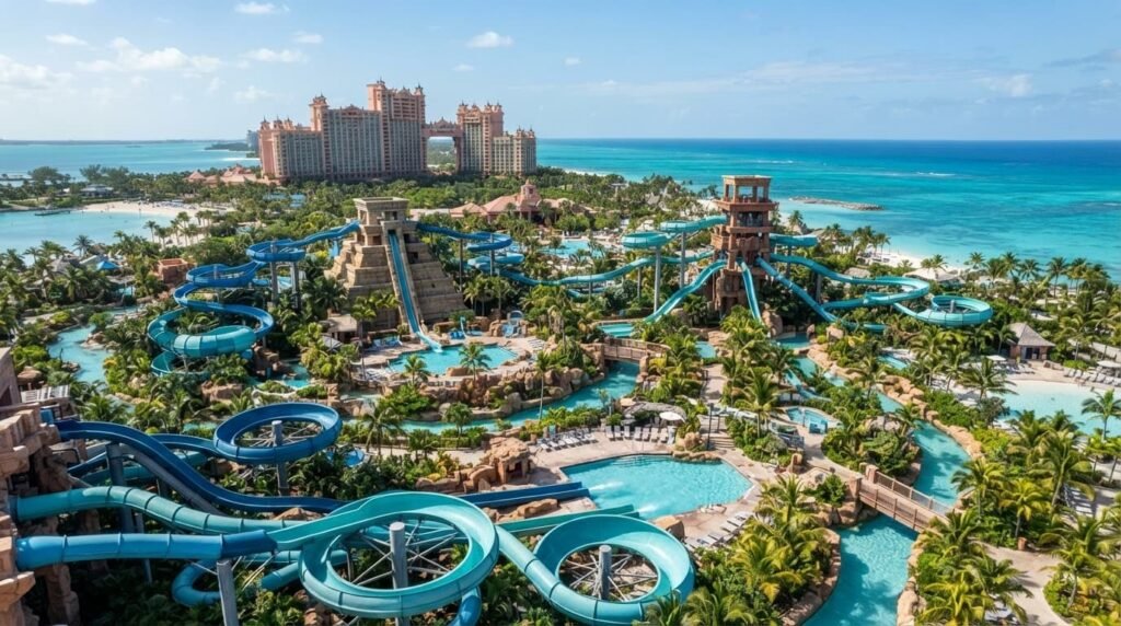 A tropical water park with blue slides, pools, palm trees, and the Caribbean Sea beyond.