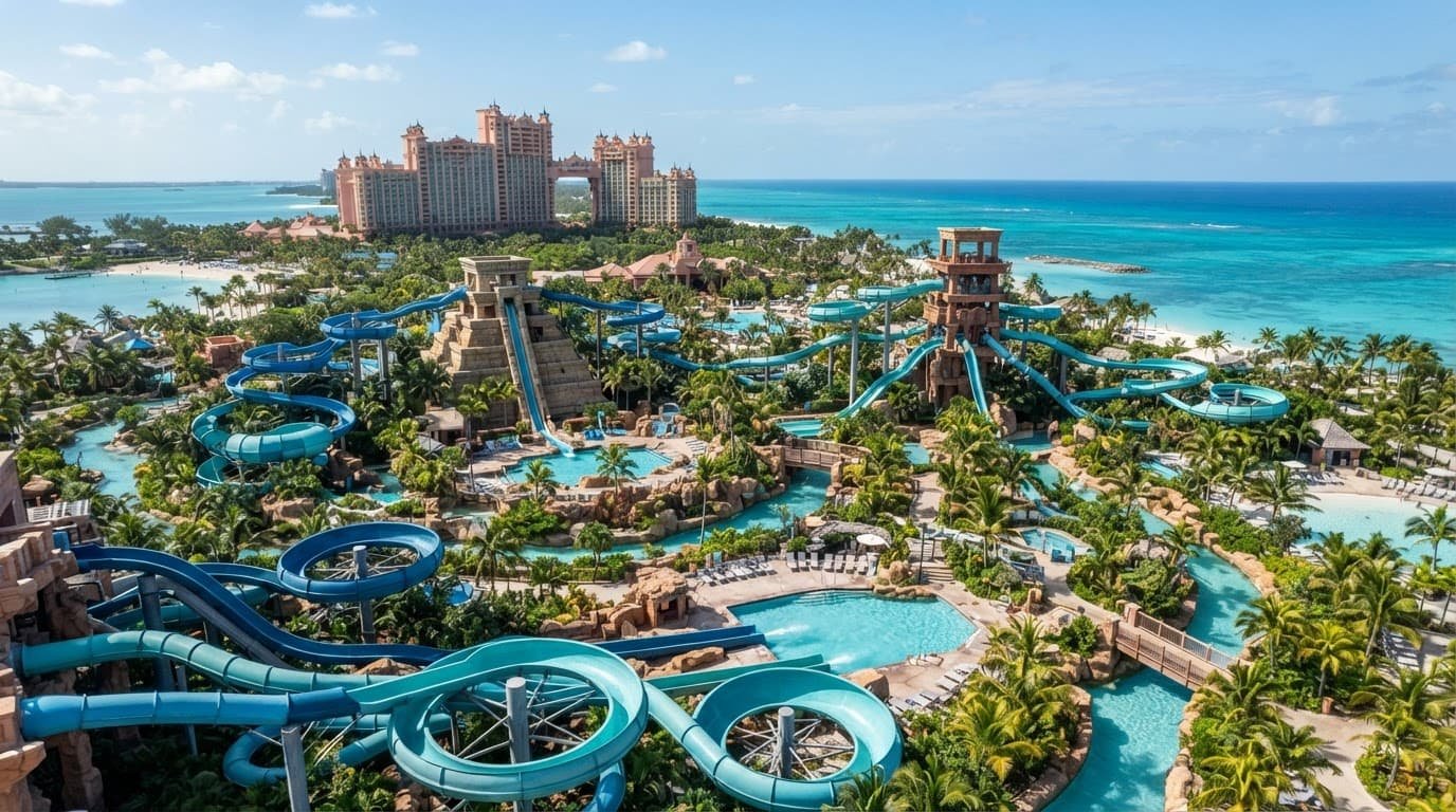 A tropical water park with blue slides, pools, palm trees, and the Caribbean Sea beyond.