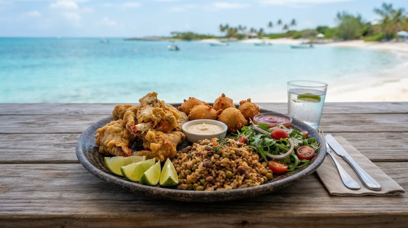 A seafood platter with conch, fritters, lime, rice, peas, and sauce by the turquoise sea.