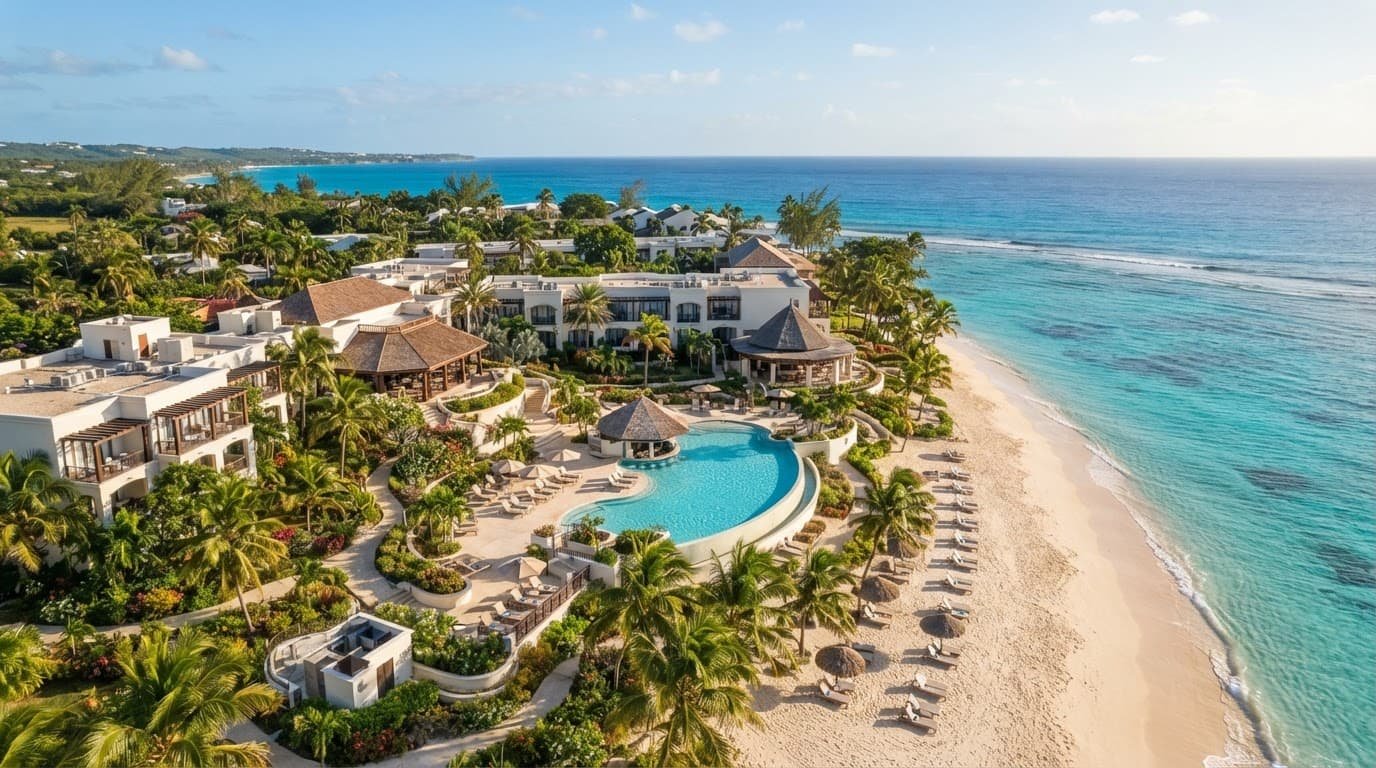 A beachfront Barbados resort with a curved pool, palm trees, loungers, and turquoise sea.