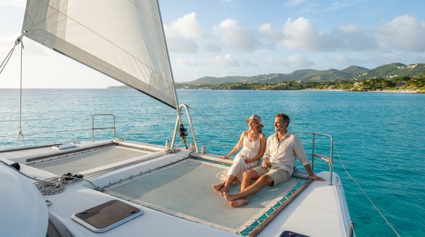 Two adults relax on a catamaran near Barbados's green coastline.