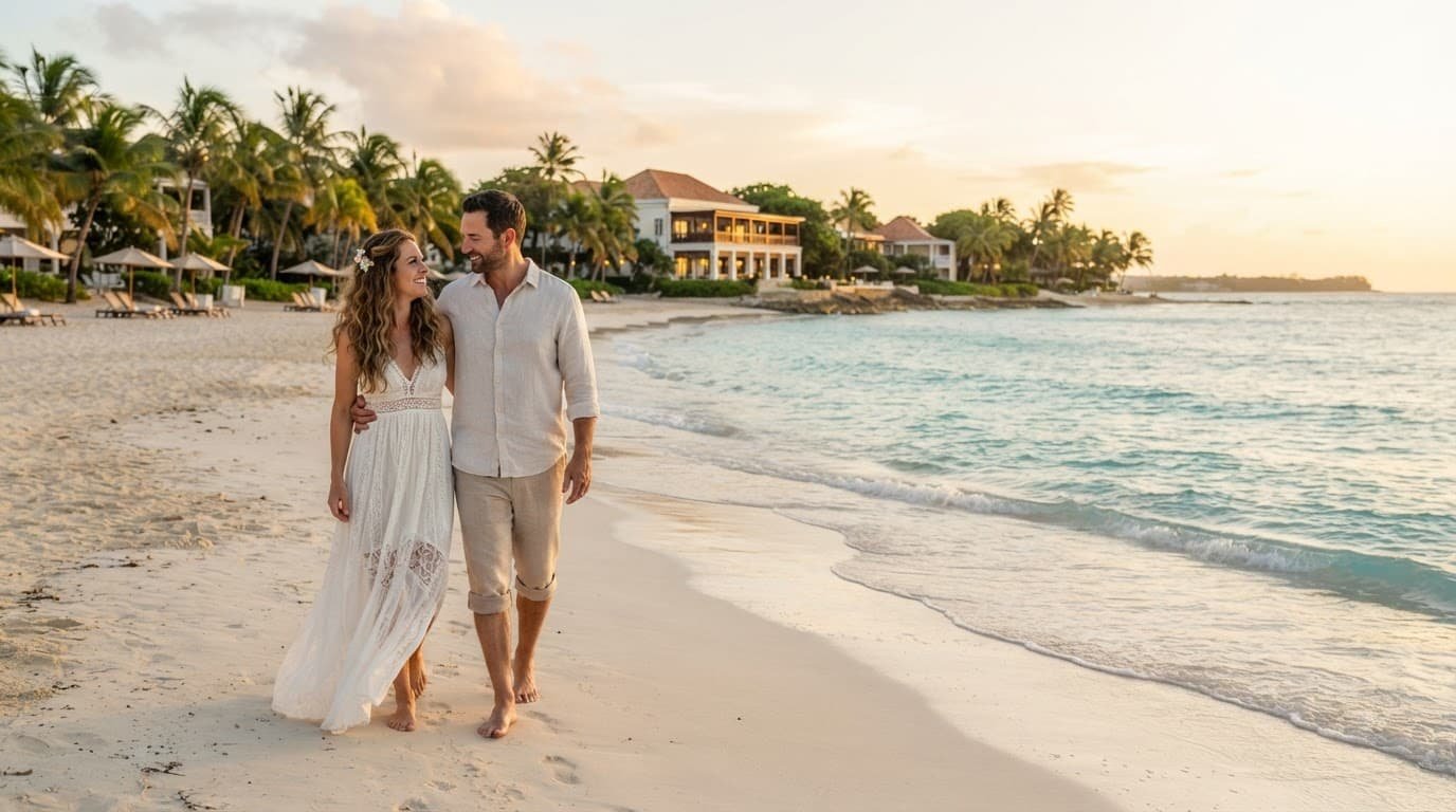 A couple walks barefoot along a beach beside turquoise water and a tropical resort in Barbados.