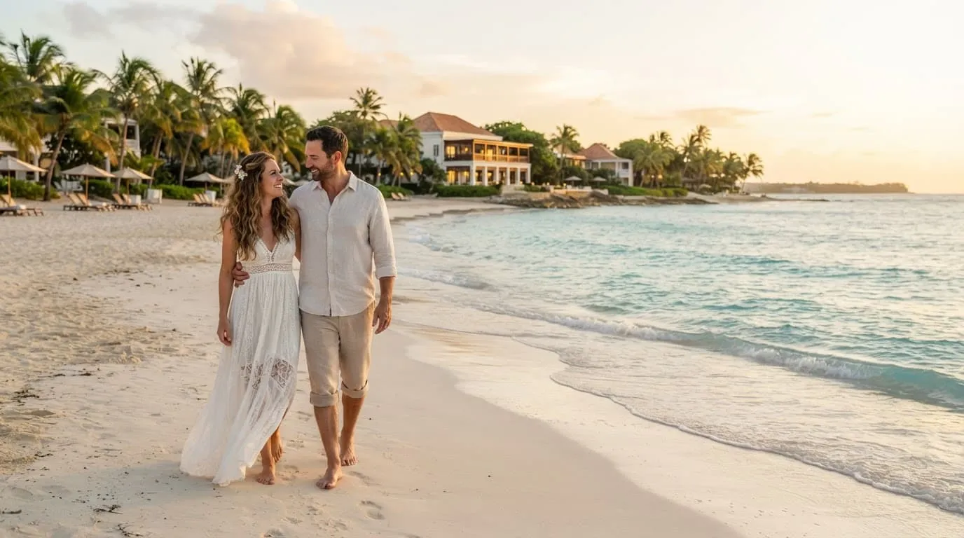 A couple walks barefoot along a beach beside turquoise water and a tropical resort in Barbados.