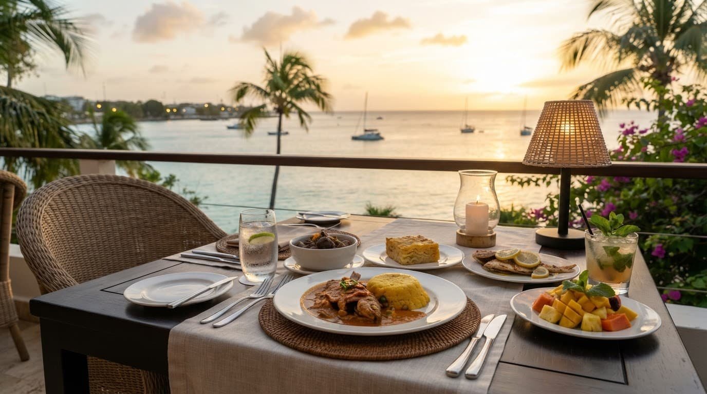 Barbadian dishes arranged on a seaside table with palms and ocean beyond.