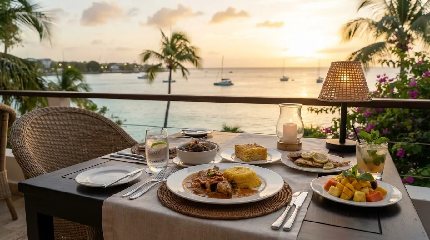 Barbadian dishes arranged on a seaside table with palms and ocean beyond.