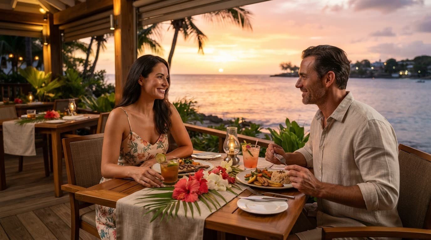 A couple enjoys dinner and drinks overlooking the Caribbean at sunset in Barbados.